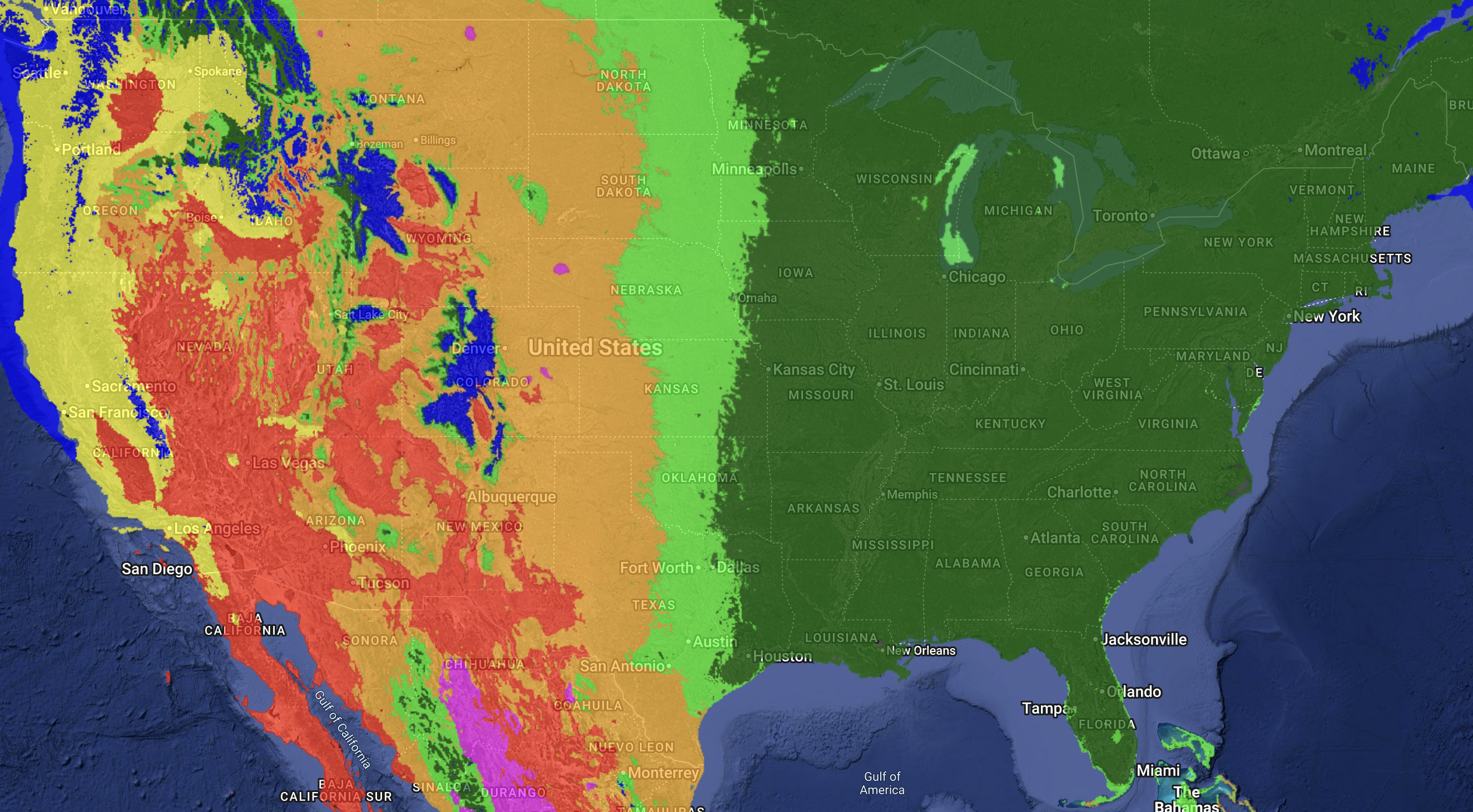United States distribution of aridity categories map — 1981 - 2010 normals